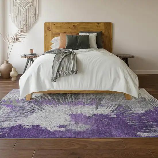 Purple Ivory And Gray Abstract Washable Area Rug With UV Protection Photo 4