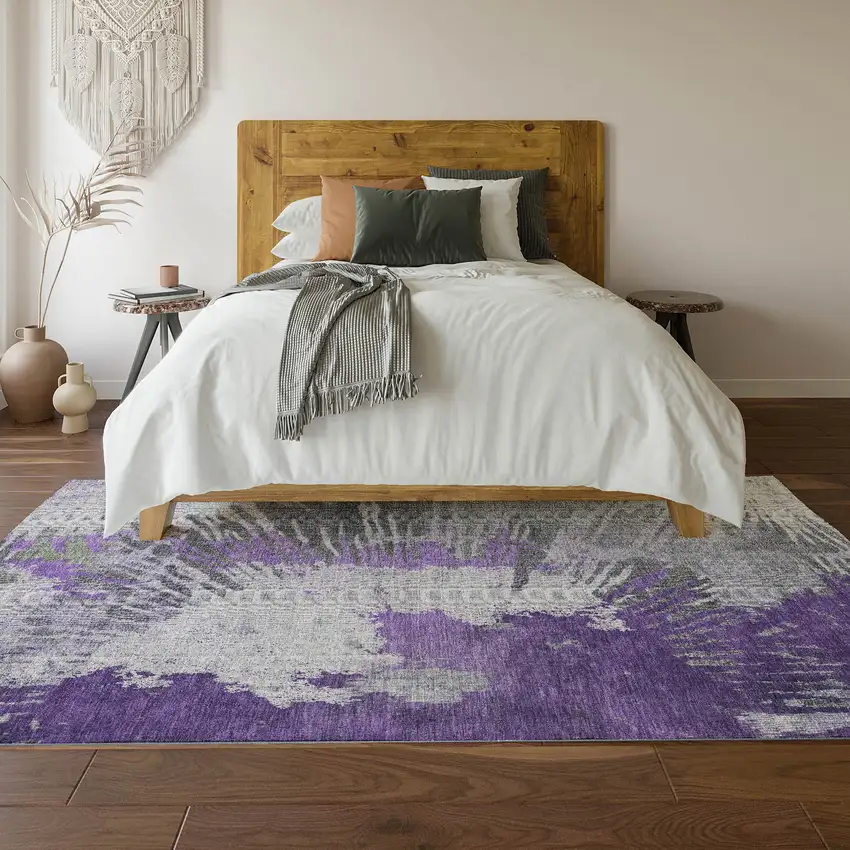 Purple Ivory And Gray Abstract Washable Area Rug With UV Protection Photo 4