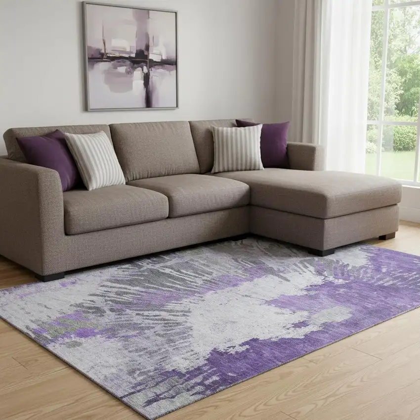 Purple Ivory And Gray Abstract Washable Area Rug With UV Protection Photo 1