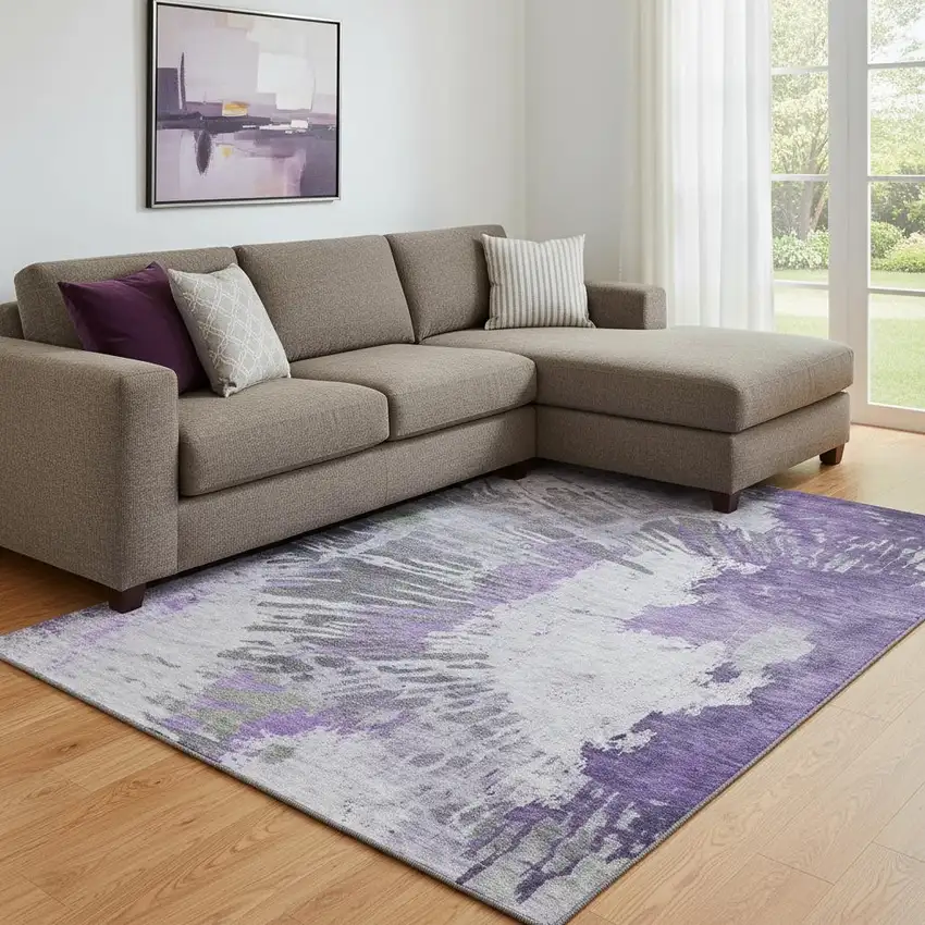 Purple Ivory And Gray Abstract Washable Area Rug With UV Protection Photo 1