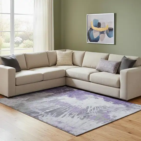 Purple Ivory And Gray Abstract Washable Area Rug With UV Protection Photo 1