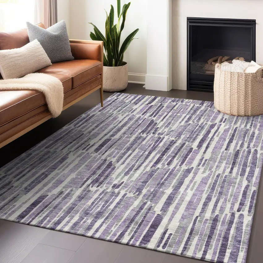 Purple Ivory And Gray Abstract Washable Area Rug With UV Protection Photo 6
