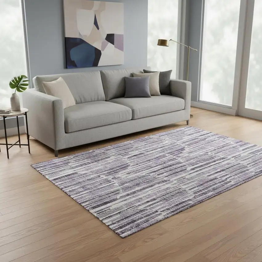 Purple Ivory And Gray Abstract Washable Area Rug With UV Protection Photo 2