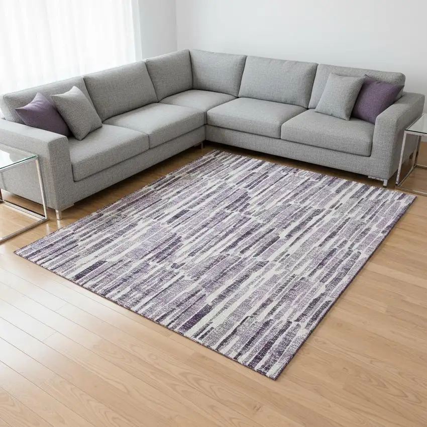 Purple Ivory And Gray Abstract Washable Area Rug With UV Protection Photo 2