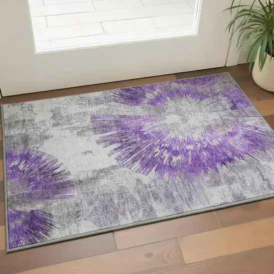 Purple Ivory And Gray Abstract Washable Area Rug With UV Protection Photo 2