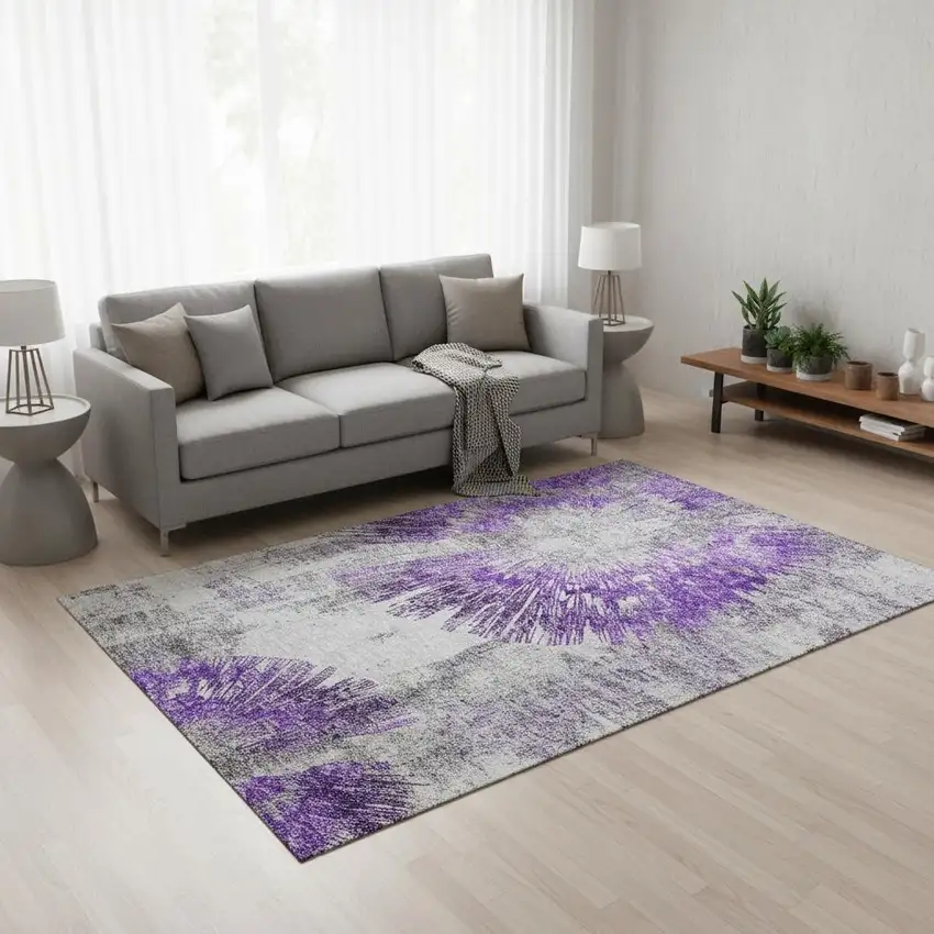 Purple Ivory And Gray Abstract Washable Area Rug With UV Protection Photo 2