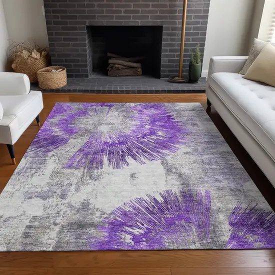 Purple Ivory And Gray Abstract Washable Area Rug With UV Protection Photo 4
