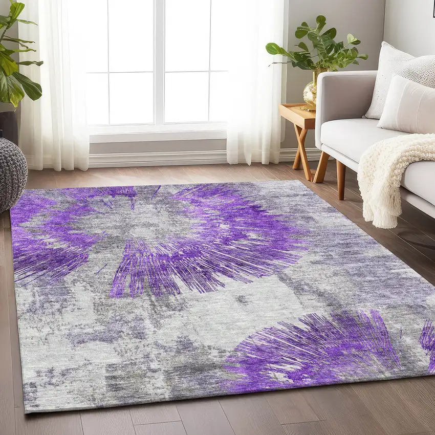 Purple Ivory And Gray Abstract Washable Area Rug With UV Protection Photo 5