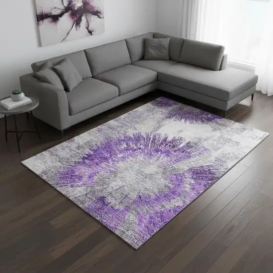 Purple Ivory And Gray Abstract Washable Area Rug With UV Protection Photo 2