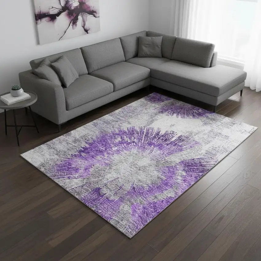 Purple Ivory And Gray Abstract Washable Area Rug With UV Protection Photo 2