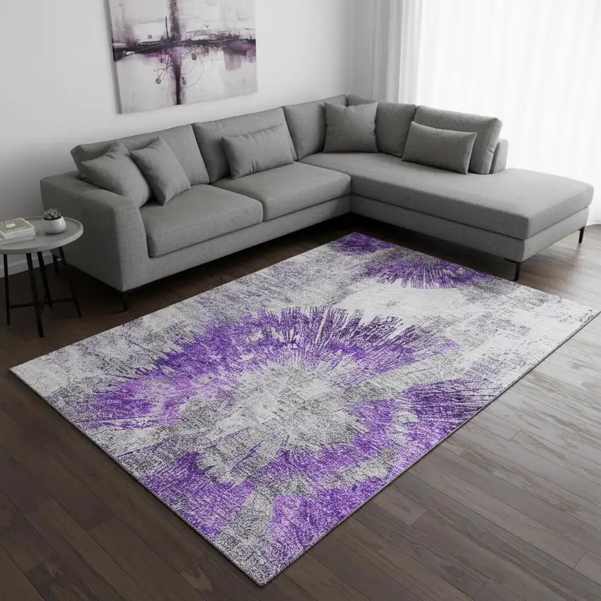 Purple Ivory And Gray Abstract Washable Area Rug With UV Protection Photo 2