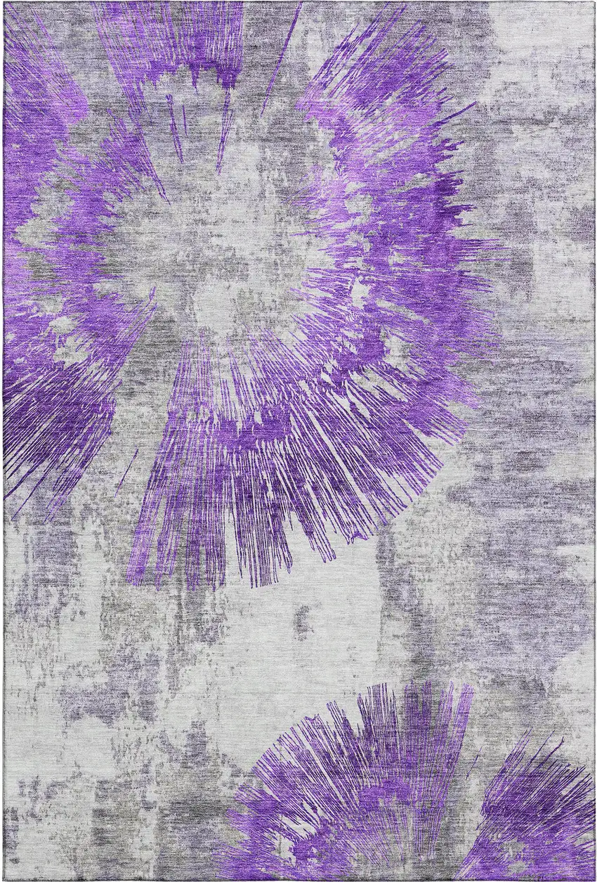 Purple Ivory And Gray Abstract Washable Area Rug With UV Protection Photo 1