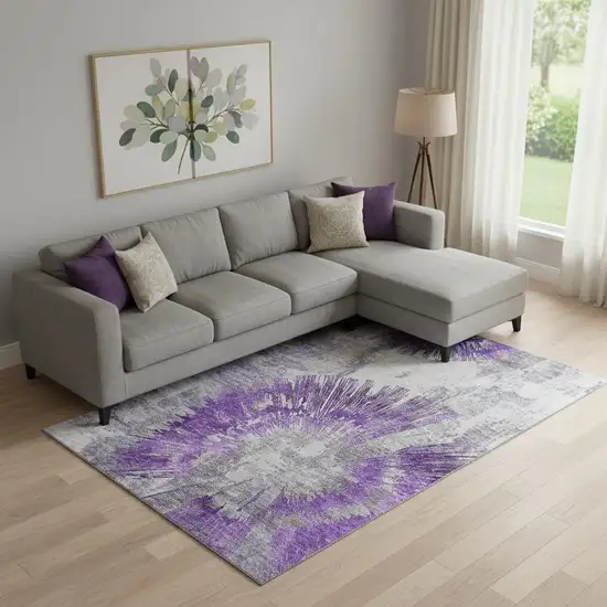 Purple Ivory And Gray Abstract Washable Area Rug With UV Protection Photo 1