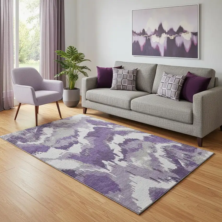 Purple Ivory And Gray Abstract Washable Area Rug With UV Protection Photo 1