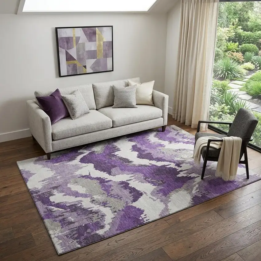 Purple Ivory And Gray Abstract Washable Area Rug With UV Protection Photo 1