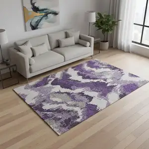 Photo of Purple Ivory And Gray Abstract Washable Area Rug With UV Protection
