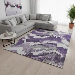 Photo of Purple Ivory And Gray Abstract Washable Area Rug With UV Protection