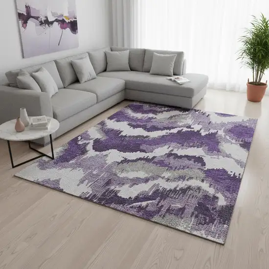 Purple Ivory And Gray Abstract Washable Area Rug With UV Protection Photo 1