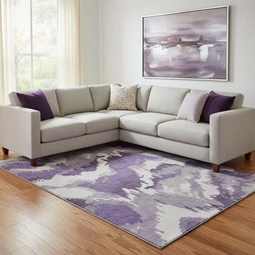 Purple Ivory And Gray Abstract Washable Area Rug With UV Protection Photo 1