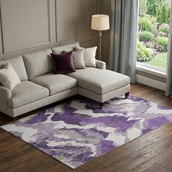 Purple Ivory And Gray Abstract Washable Area Rug With UV Protection Photo 1