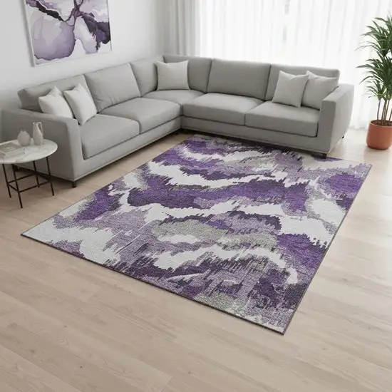 Purple Ivory And Gray Abstract Washable Area Rug With UV Protection Photo 1