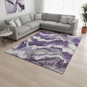 Photo of Purple Ivory And Gray Abstract Washable Area Rug With UV Protection