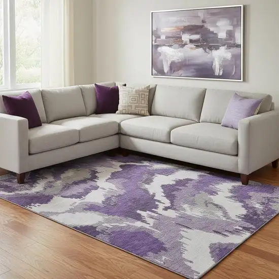 Purple Ivory And Gray Abstract Washable Area Rug With UV Protection Photo 1