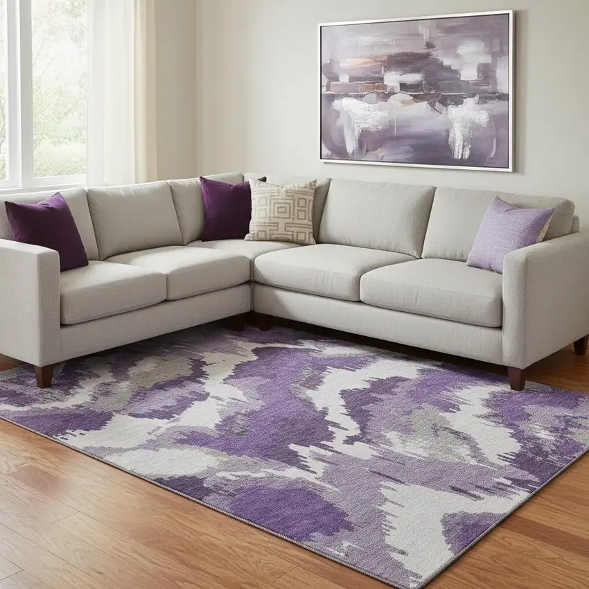 Purple Ivory And Gray Abstract Washable Area Rug With UV Protection Photo 1