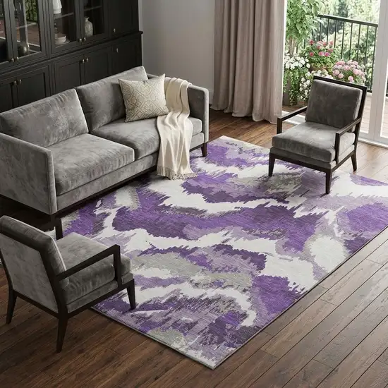 Purple Ivory And Gray Abstract Washable Area Rug With UV Protection Photo 1