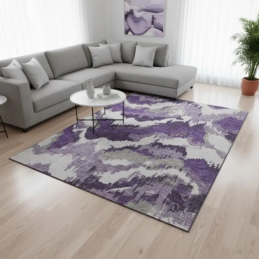 Purple Ivory And Gray Abstract Washable Area Rug With UV Protection Photo 1