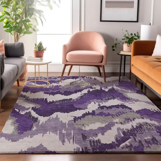 Purple Ivory And Gray Abstract Washable Area Rug With UV Protection Photo 6