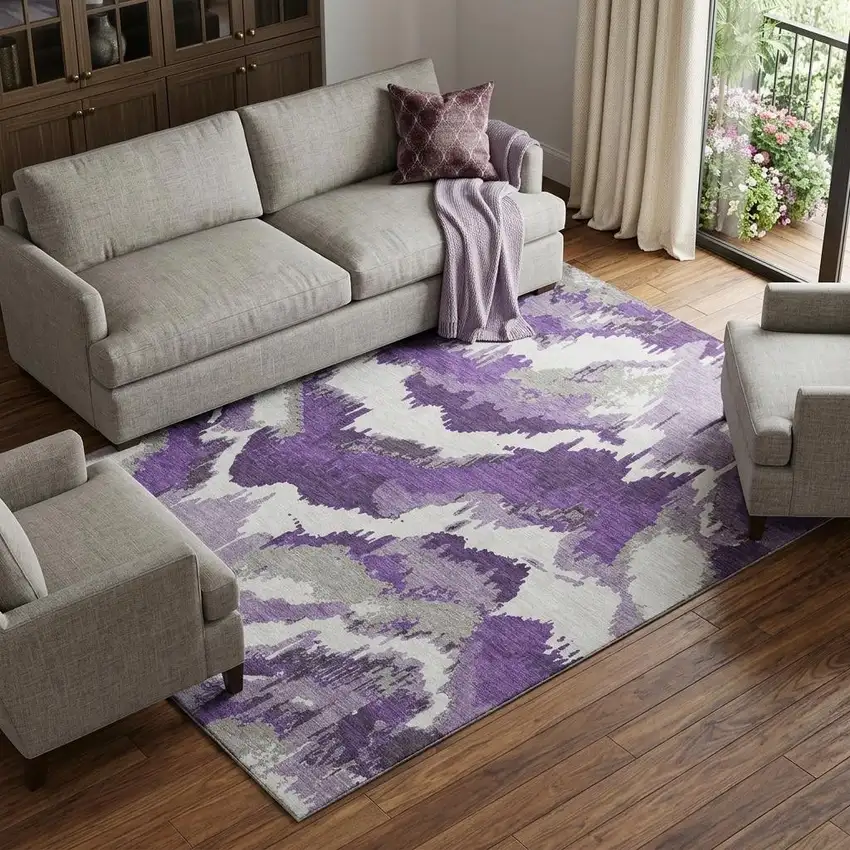 Purple Ivory And Gray Abstract Washable Area Rug With UV Protection Photo 1