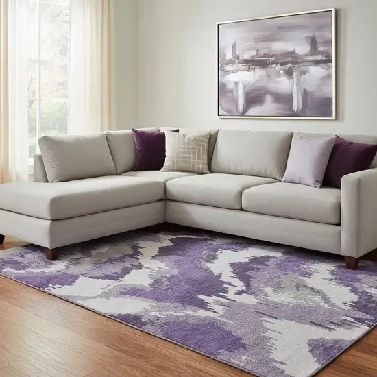 Purple Ivory And Gray Abstract Washable Area Rug With UV Protection Photo 1