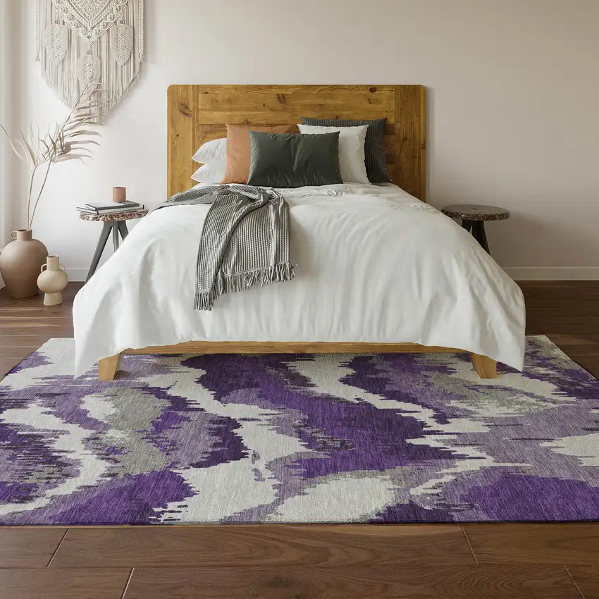 Purple Ivory And Gray Abstract Washable Area Rug With UV Protection Photo 7