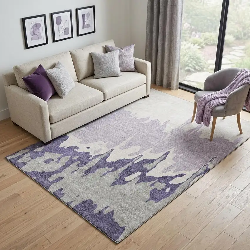 Purple Ivory And Gray Abstract Washable Area Rug With UV Protection Photo 1
