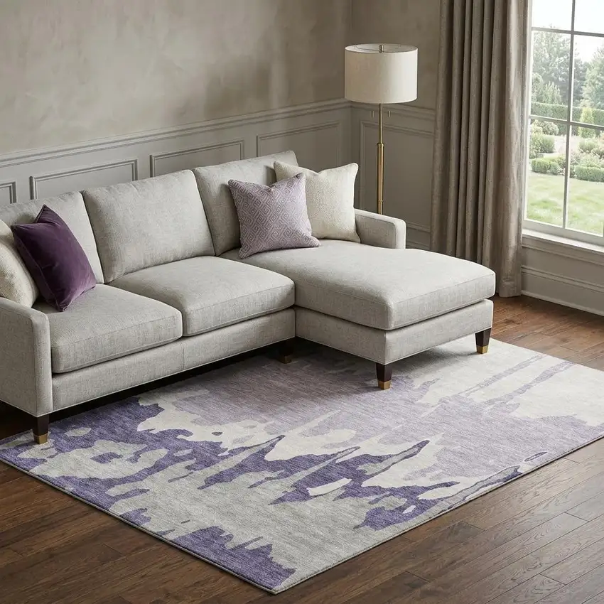 Purple Ivory And Gray Abstract Washable Area Rug With UV Protection Photo 1