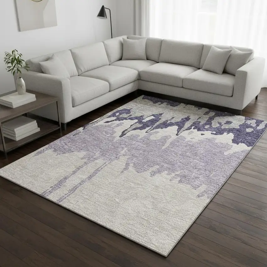 Purple Ivory And Gray Abstract Washable Area Rug With UV Protection Photo 2