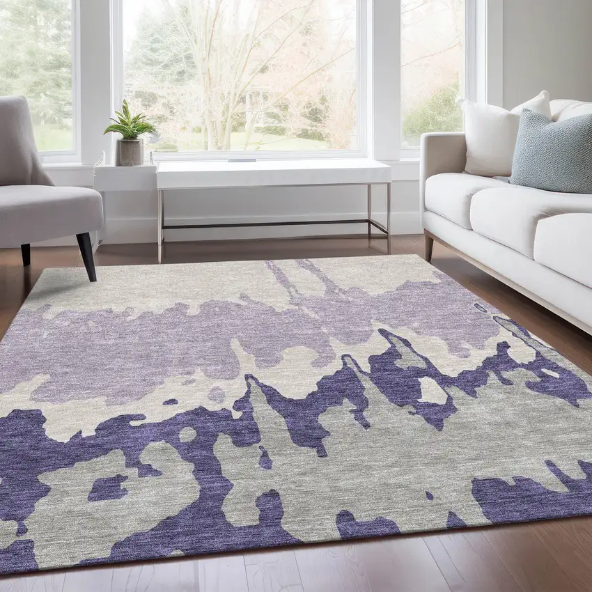 Purple Ivory And Gray Abstract Washable Area Rug With UV Protection Photo 5