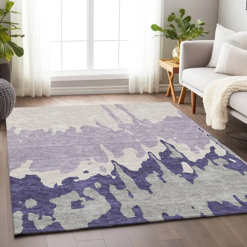 Purple Ivory And Gray Abstract Washable Area Rug With UV Protection Photo 4