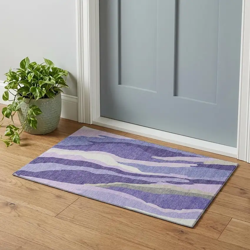 Purple Ivory And Gray Abstract Washable Area Rug With UV Protection Photo 1
