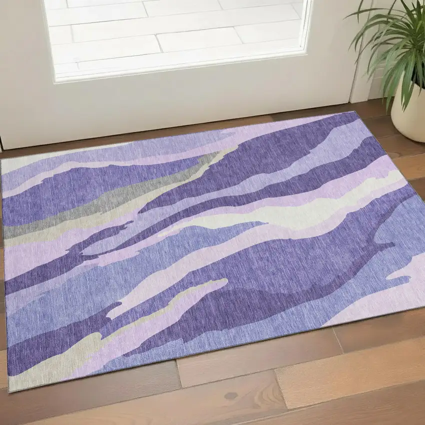 Purple Ivory And Gray Abstract Washable Area Rug With UV Protection Photo 1