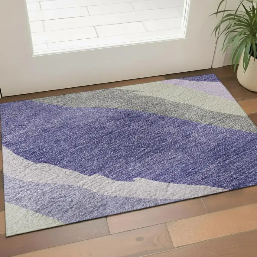Purple Ivory And Gray Abstract Washable Area Rug With UV Protection Photo 2