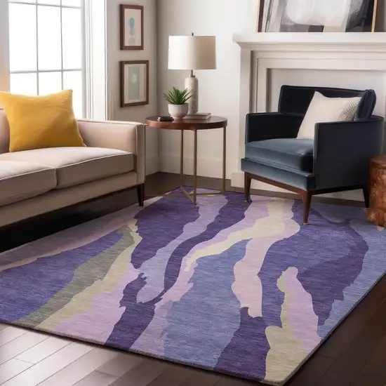 Purple Ivory And Gray Abstract Washable Area Rug With UV Protection Photo 3