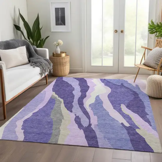 Purple Ivory And Gray Abstract Washable Area Rug With UV Protection Photo 4