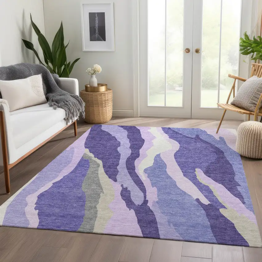 Purple Ivory And Gray Abstract Washable Area Rug With UV Protection Photo 4