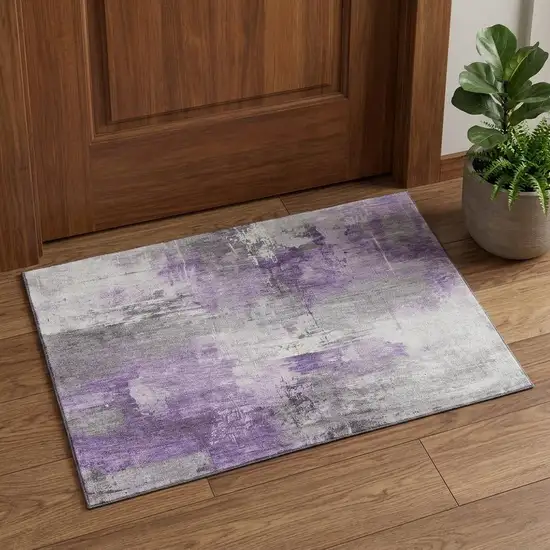 Purple Ivory And Gray Abstract Washable Area Rug With UV Protection Photo 1