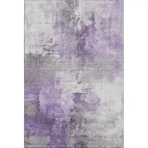 Photo of Purple Ivory And Gray Abstract Washable Area Rug With UV Protection