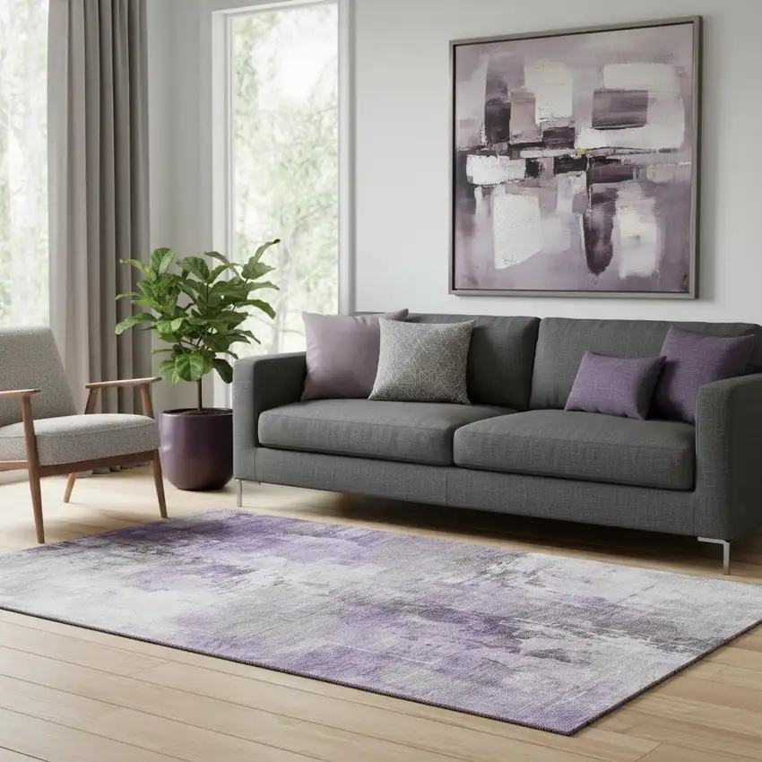 Purple Ivory And Gray Abstract Washable Area Rug With UV Protection Photo 2