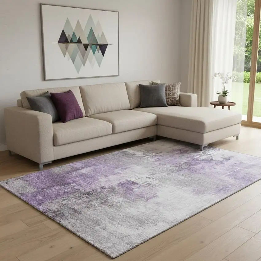 Purple Ivory And Gray Abstract Washable Area Rug With UV Protection Photo 2