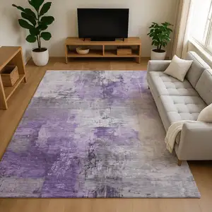 Photo of Purple Ivory And Gray Abstract Washable Area Rug With UV Protection